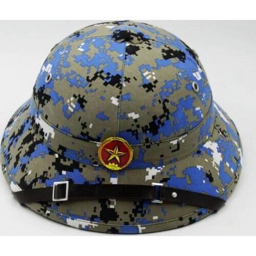 VIETNAM WAR ARMY HAT NVA VIETCONG VC PITH HELMET blue CAMO JUNGLE EXPLORER CAP Marpat Woodland & RED STAR BADGE