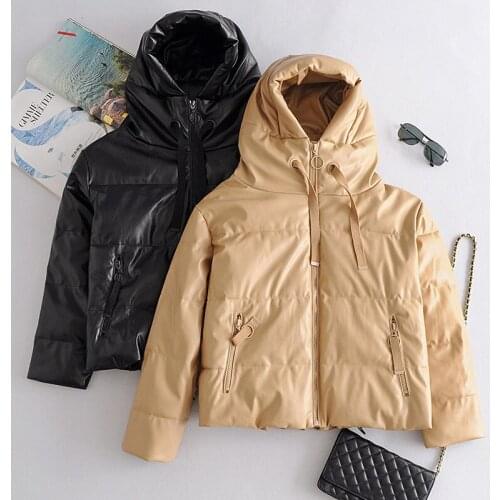 Women Thick Warm PU Faux Leather Padded Coat 2021 Winter Zipper Hooded Jacket Parka Long Sleeve Pockets Outerwear Tops