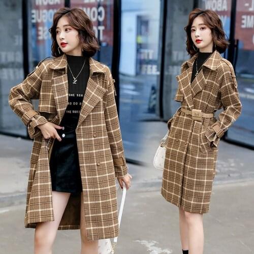 Plaid Windbreaker For Women 2021 New Fall Korean Loose Slim Belt Over Mid-length Trench Coat Plus Size Outcoat Woolen Coat s1118