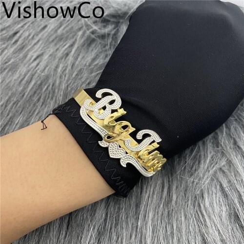 VishowCo Custom Name Bracelets Double Plate Name Bracelets Personalized Stainless Steel Two Toned Name Bangles For Women Gifts