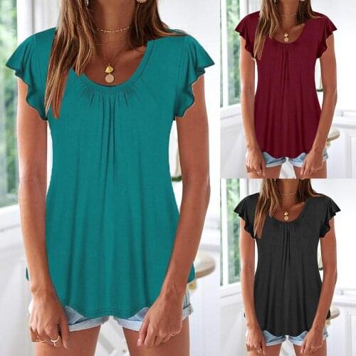 Women Solid Color Scoop Neck Short Ruffled Sleeve Bottoming Top T-shirt Women Clothes 2020 New
