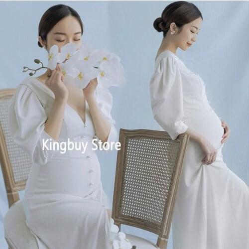 Women Photography Props White Elegant Half Sleeve Maternity Dresses V-Neck Pregnancy Dress Studio Shoots Photo Props Cloth