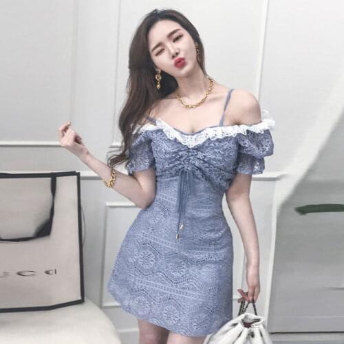 Elegant Korean Lace Blue embroidery women Dress Vintage Waist Bandage Tie Cross women Dresses Fashion Ruffles vestidos Female