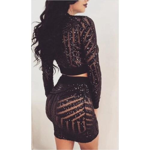Long Sleeve Sexy Party Women Dress Robe Female 2 Pieces V Neck Black Dresses Set Zipper Open Sexy Club Wear Dress Ladies Bodycon