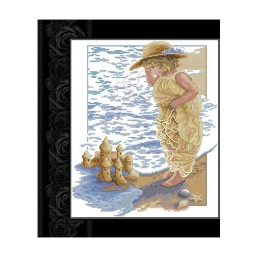 Gold Collection Counted Cross Stitch Kit Sandcastle Dreams Little Girl at the Seaside Beach play with Sand dim 13730