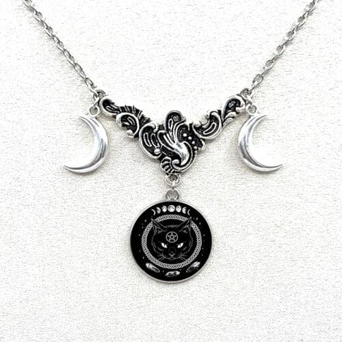 2019/ black cat five-pointed star triple moon symbolic crescent crystal glass pendant necklace, ladies pendant necklace jewelry