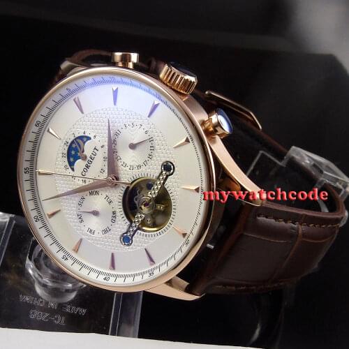 Corgeut white dial Moon Phase Domed Glass golden case automatic mens Watch C40