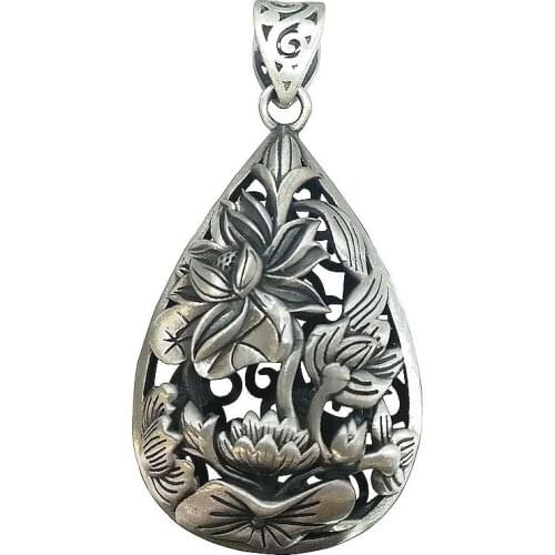 990 Sterling Silver Vintage Old moonlight Pendant Silver Hollow lotus temperament teardrop shaped pendant sweater chain