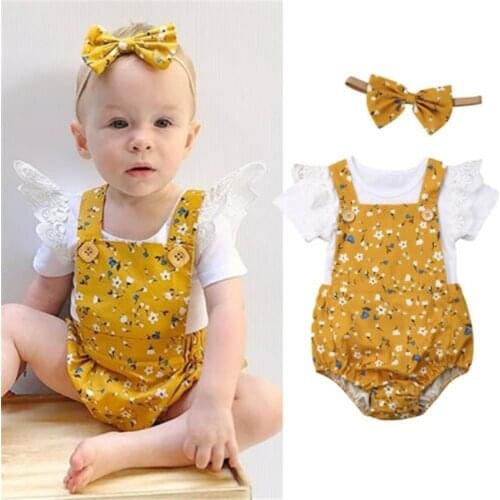 0-24 Months Baby Girls Set White Short Sleeve Baby Rompers Flower Print Yellow Bodysuits Kids Overalls Headband Baby Girl Set