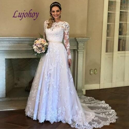 Elegant Long Sleeve Lace Wedding Dresses Ball Gown Plus Size White Ivory African Bridal Bride Dress Wedding Gowns