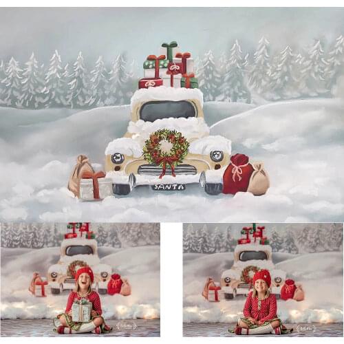 Mocsicka Winter Snow Photography Backdrops Gift Truck Decorations Christmas Oil Painting Photocall Background Photo Studio Props