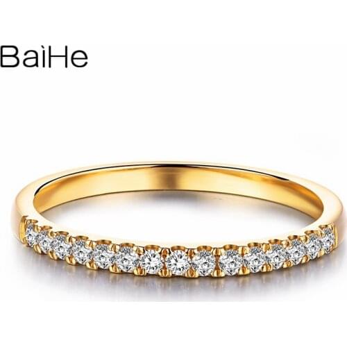BAIHE Solid 14K Yellow Gold Engagement Wedding Ring Round Cut Diamond Eternity Anniversary Band