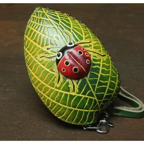 Handmade Leather Zero Wallet Cartoon Leaf Ladybug Wallet Single Zipper Bus Card Bag Mini Lady Coin Purse