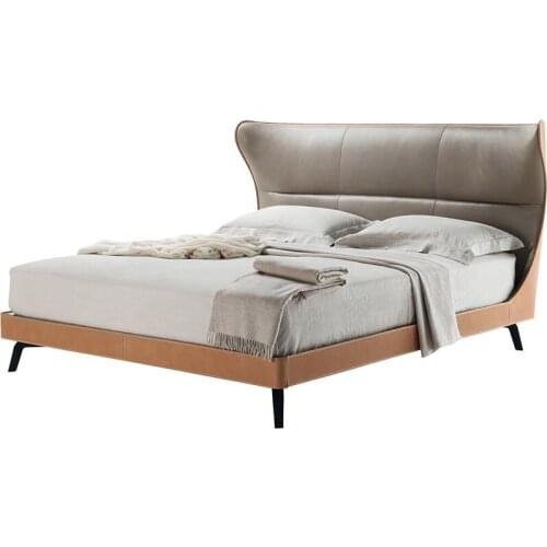Italian Style Bed Genuine Leather Bedroom Furniture Solid Wood Soft Bed