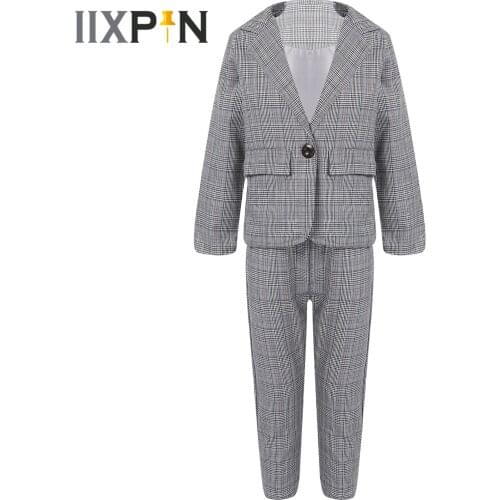 Fashion Childrens School Uniforms Kids Suit for Girls 2PCS Wedding Formal Suits for Teenagers Plaid Blazer +Pants Trousers