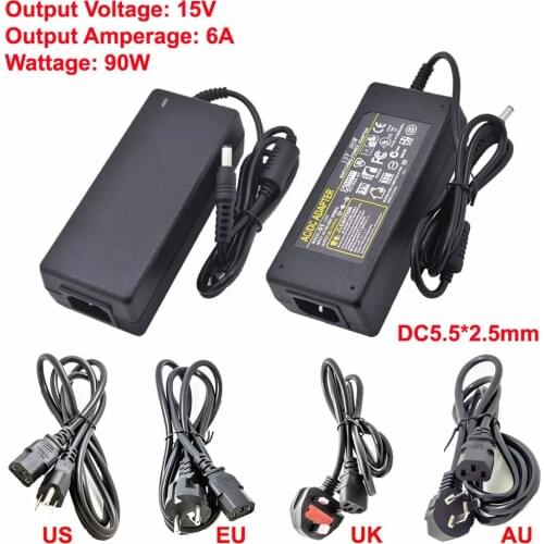 90W Desktop Power Adapter Supply Transformer AC 110V~240V To DC 15V 6A 5.5x2.5mm Connector Include EU/US/UK/AU Cable Plug