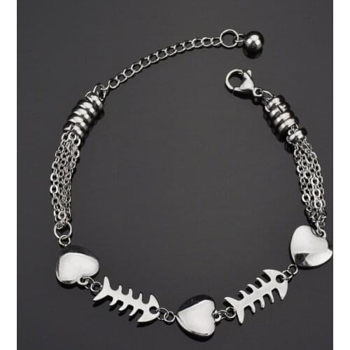 New Arrival Stainless Steel Love Heart Link Chain Bracelet for Women Fashion Lucky Fish Bones Charm Bracelet Party Gift