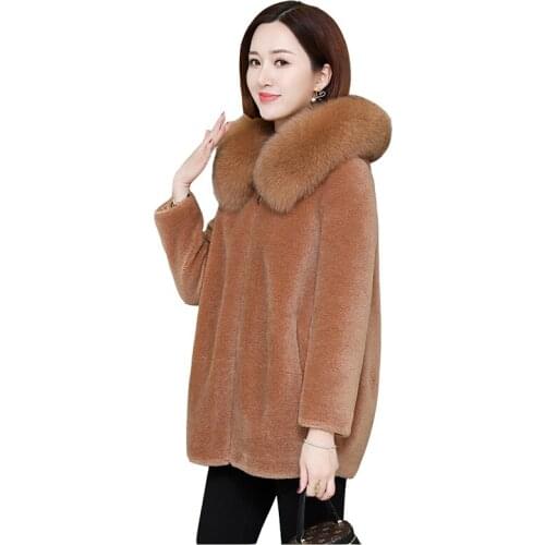 Imitation fur hooded pellet sheepskin fur grass coats women medium long loose hooded sheep shearing parka coat womens overcoat