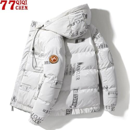 Winter Cotton Parka Men Thicken Warm Casual Hooded Shiny Jackets Male Windproof Fashion Zipper Autumn Letter Printing Slim Coat