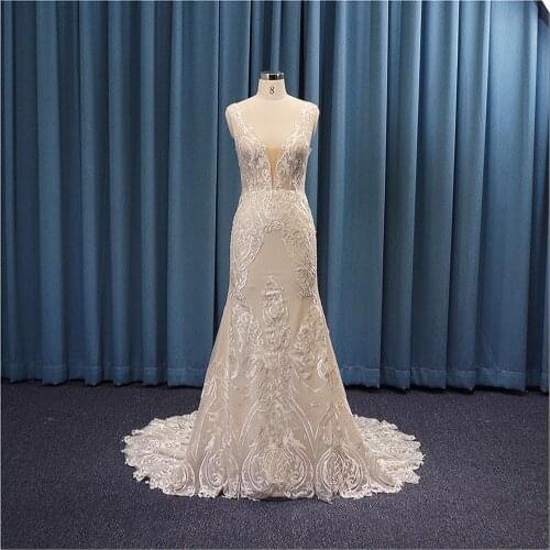 Luxury Lace Applique Mermaid Wedding Dresses 2021 V-Neck Chapel Train Sleeveless Sexy Vintage Tulle Backless Bohemia Bride Gowns