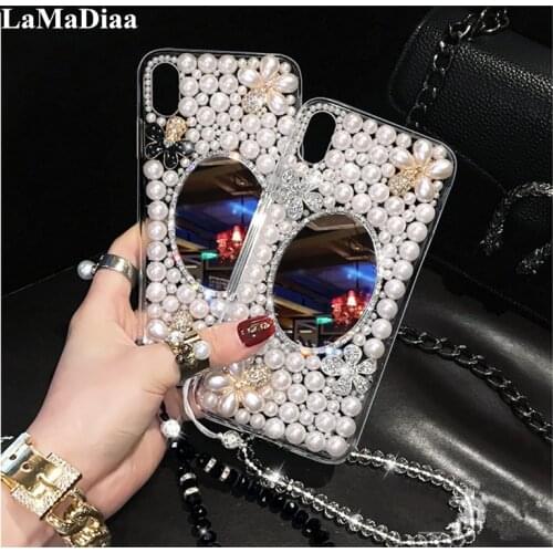 3D Mirror Flowers DIY Pearl Diamond Bling Capa Cases For Samsung A3 A5 A7 2017 A9 A8 A6 PLUS A50 A70 A80 Crystal Coque Girls