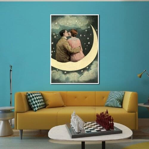 Modern Art Romantic Love with Bright Moon Decorative Painting Poster Decorative Painting Living Room Background Wall Sticker