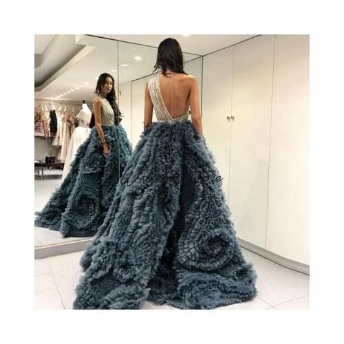 Gorgeous Dark Gray Fully Ruffles Pleated Tulle Evening Dress Women Shiny One-Shoulder Backless Party-Dresses Long Ball Gowns