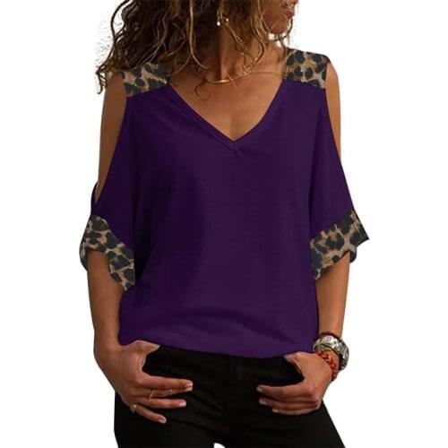Vintage T-shirt Women 2021 Summer Leopard Print V-neck 3/4 Sleeve Plus Size Ladies Off Shoulder Tops Casual Tee Shirt Femme