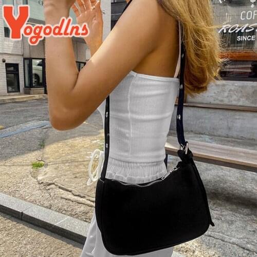 Yogodlns Black Nylon Baguette Bag Women 2021 Trendy Shoulder Bag Vintage Girls Armpit Bag Solid Color Handbag Crossbody Bag sac