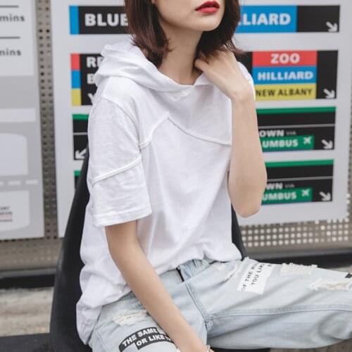 Summer short sleeve casual hooded loose bamboo cotton T-shirt womens half sleeve cotton top womens Korean base shirt 0912