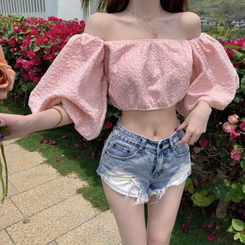 Pink off shoulder shirt female design puff sleeve tops 2021 new summer shirts slim short design blouse