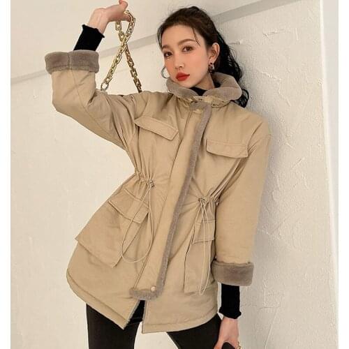 Khaki Drawstring Waist Faux Rabbit Hair Lining Jacket New Autumn 2021 Women Parkas Thick Quilted Imitation Fur Collar Overcoat