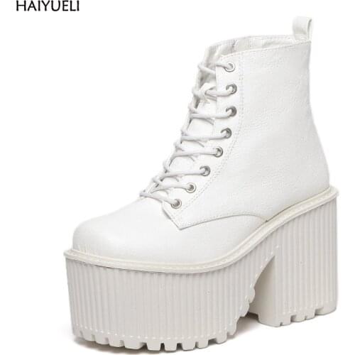 Womens Boots Winter Fashion Platform High Heel Boots Ladies Ankle Boots Punk Rock Motorcycle Boots Black Platform Shoes