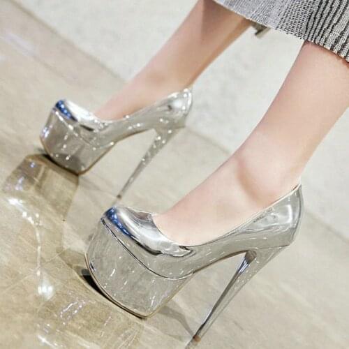 Silver Gold Patent PU Leather Women High Heel Shoes Super Thin High Heel 16CM Women Pumps Platform Shallow Sexy Women Party Shoe