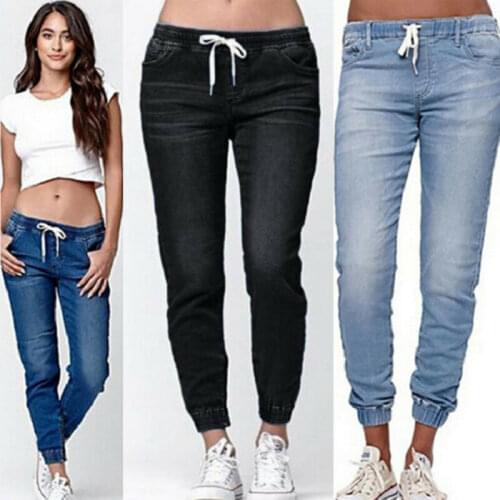 Womens Pencil Drawstring Elastic Jeans Waist Stretch Skinny Denim Pants Trousers