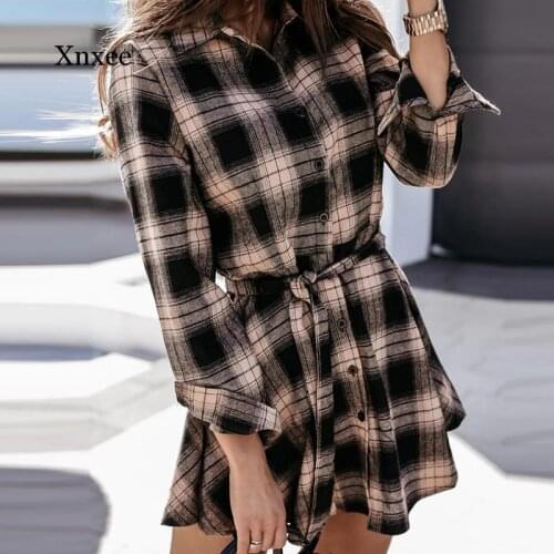 Turn-Down Collar Women Shirt Dress Elegant Plaid Print Button Mini Dress Autumn Spring Casual Long Sleeve Bandage Party Dresses