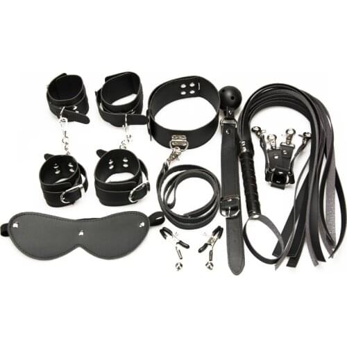 8pcs/Set PU Leather Adult Games Sex Bondage Restraints Handcuffs+Collar+Whip+Rope+Gag Sex Toys for Couples Erotic Toys