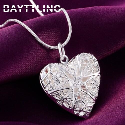BAYTTLING New 925 Sterling Silver 18 Inch Link/Snake Chain Heart Frame Pendant Necklace For Woman Fashion Wedding Gift Jewelry