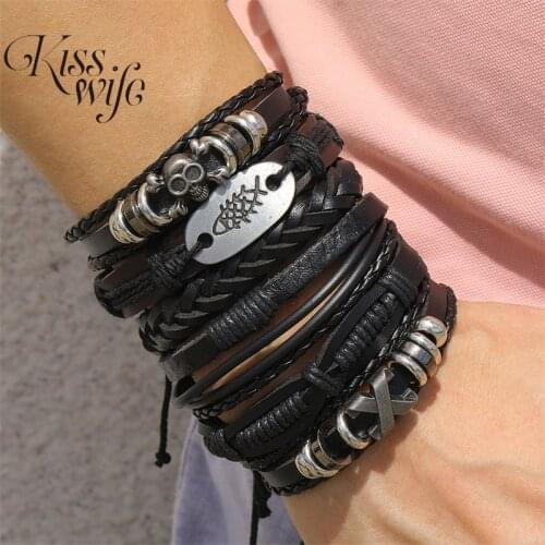 6PCS Set Gothic Punk Skull Metal Multilayer Leather Bracelet Men Bracelets & Bangles Male Rope Chain Arm Jewelry Dropship