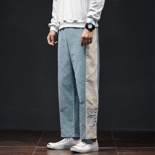 Autumn Winter New Mens Chinese Style Pants Corduroy Color Contrast Mens Embroidered Pants Trend Straight Pants Casual Pants
