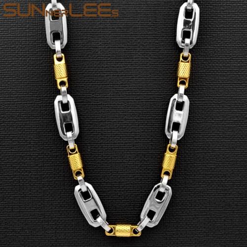 SUNNERLEES Jewelry Stainless Steel Necklace 10mm Geometric Link Chain Silver Color Gold Plated Men Women Gift SC115 N