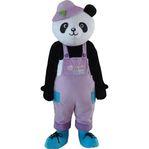 Black Giant Panda Bear Bearcat Mascot Costume With Small Ears Bright Big Eyes Purple Clothes free shipping