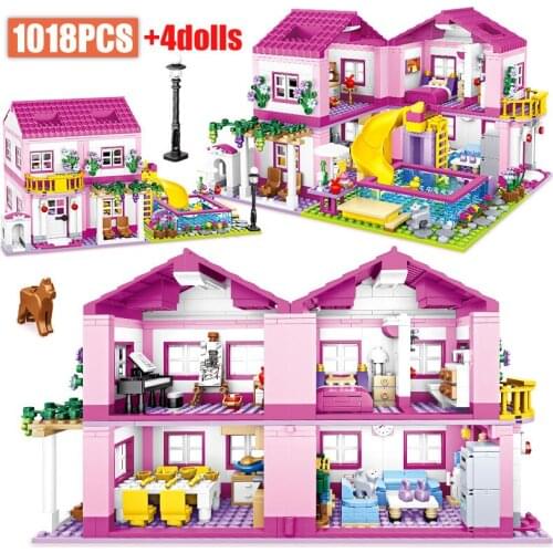 City Summer Slide Swimming Pool 1 Change 3 Double-storey House Building Blocks Friends Architecture Figures Bricks Toys For Girl