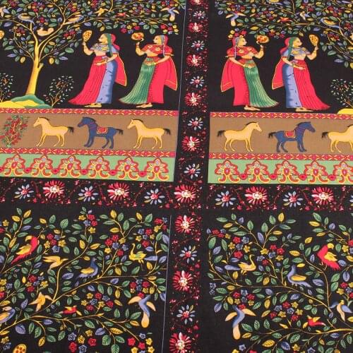 Ethnic Indian Style Cotton Linen Fabric Horse Girl Patchwork Cloth DIY Sewing Quilting Material For Bags