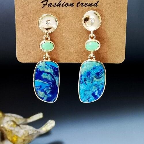 European and American Sexy 18K Gold-Plated Mint Emerald Exaggerated Earrings Bohemian Fashion Ocean Stone Earrings for Women