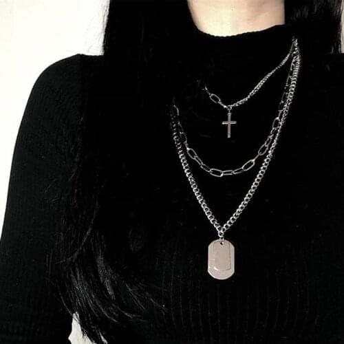 Personality Hip Hop Punk Multilayer Necklace Metal Cross Pendant Mens and Womens Unisex Jewelry Necklace