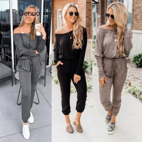 Women Romper Solid Off Shoulder Long Sleeve Drawstring Waist One Piece Bodysuit Women Loose Fashion Pocket Womens Jumpsuits