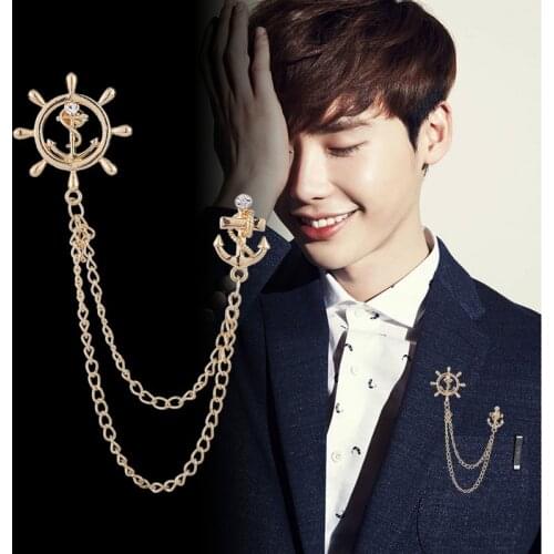 Korean Fashion Tassel Rudder Brooch Anchor Rhinestone Badge Mens Suit Shirt Lapel Pin Luxulry Jewelry for Women Accessories
