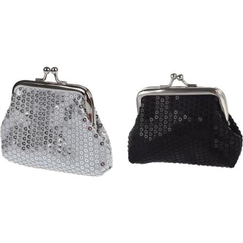 2 Pcs WomenS Sequins Coin Purse Buckle Mini Wallet, Black & Silver
