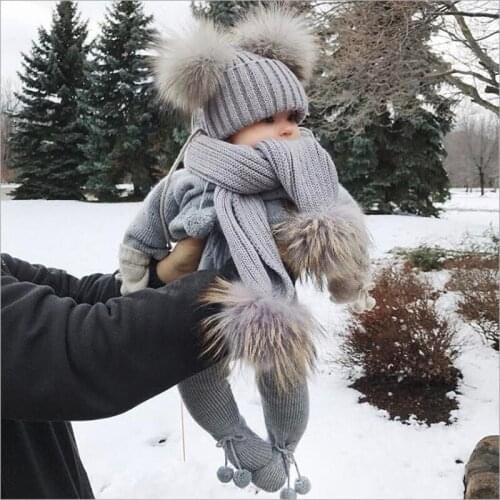 Fur 2 Ball Pom Caps Cute Infant Baby Pompon Beanies Winter Hat Scarf Sets Real Kids Warm Knitted Hats Natural Child Unisex Solid